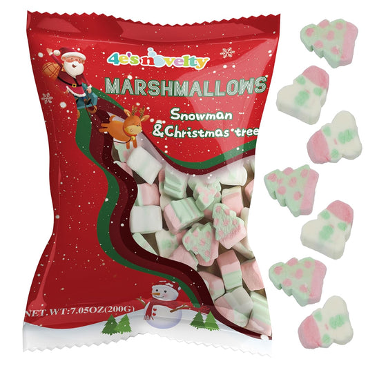 4E's Novelty Sweet Christmas Marshmallow Soft Candy Treats 65pcs (200gram) Bulk Snowman & Santas Shapes, Christmas Candy Stocking Stuffers Snacks, Party Favor for Kids & Adults