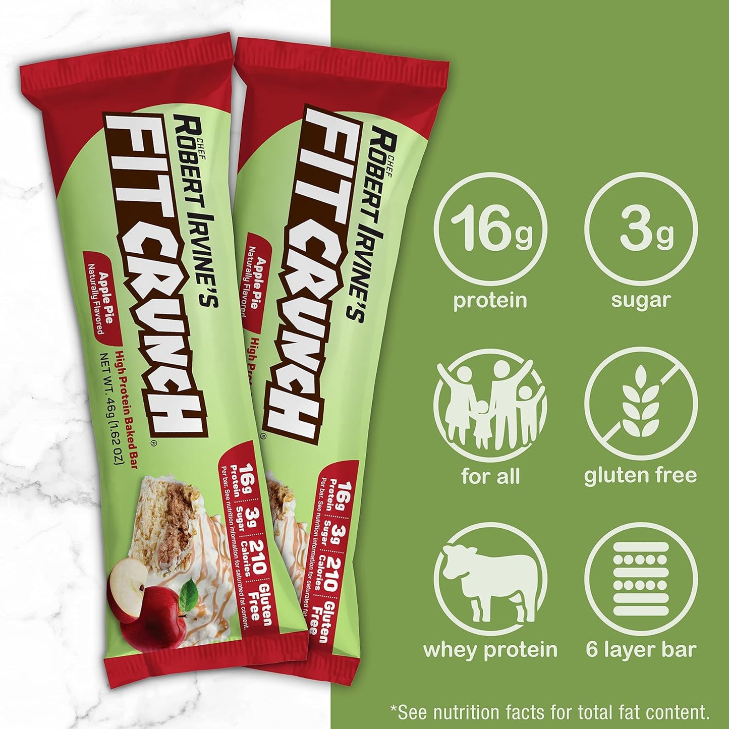 FITCRUNCH Snack Size Protein Bars, 6-Layer Baked Bar, 3g of Sugar & Soft Cake Core (9 Bars, Apple Pie)