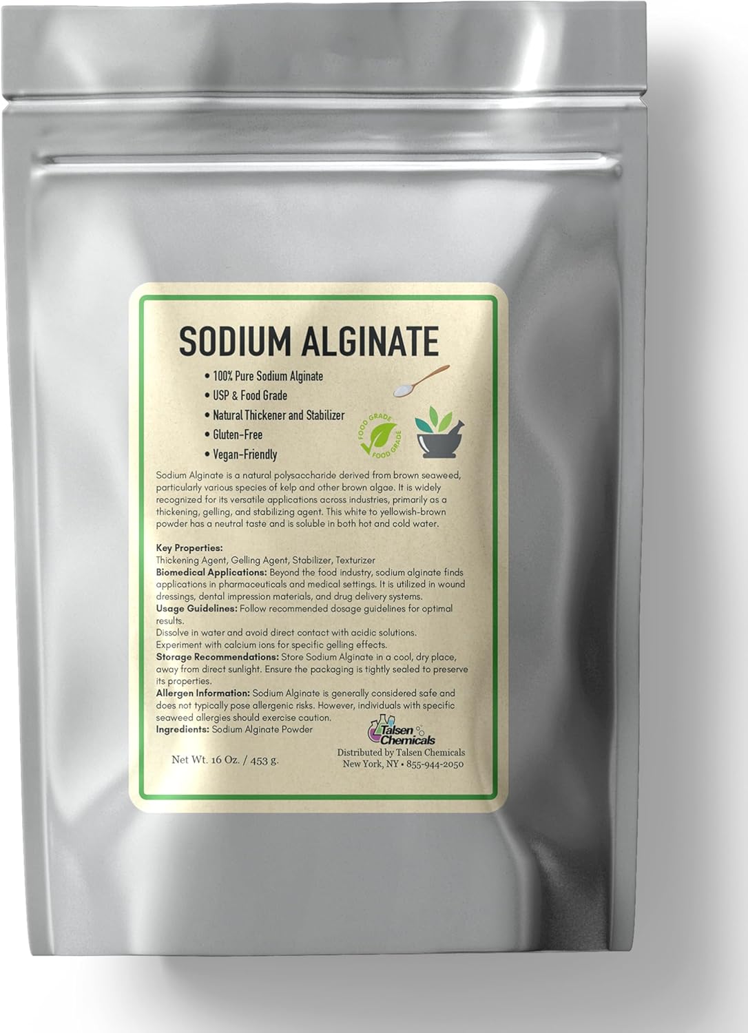 Sodium Alginate (16 Ounce / 453 Grams) Pure Sodium Alginate Powder Food Grade Powder for Thickening, Perfect for Making Luxurious Caviar Spheres, Desserts, Meatloaves by Talsen Chemicals