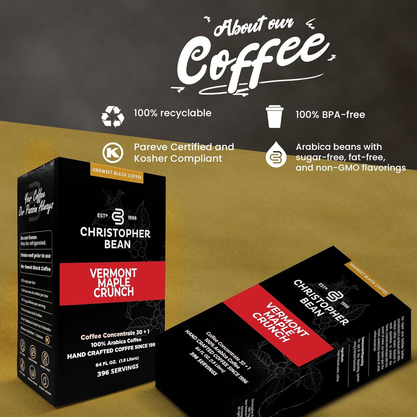 Christopher Bean Coffee - 396 servings, 30 to 1 Blend Bag in Box Liquid Instant Coffee or Cold Brew Coffee Concentrate - Hot or Iced Coffee - Vermont Maple