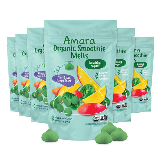 Amara Smoothie Melts - Mighty Sweet Greens - Baby Snacks Made With Fruits and Vegetables - Healthy Toddler Snacks For Your Kids Lunch Box - Organic Plant Based Yogurt Melts - 6 Resealable Bags
