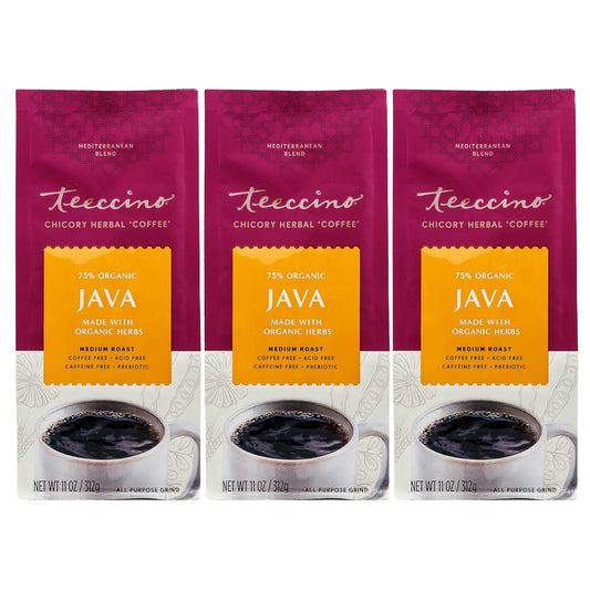 Teeccino Java Chicory Coffee Alternative - Ground Herbal Coffee That’s Prebiotic, Caffeine Free & Acid Free, Medium Roast, 11 Ounce (Pack of 3)