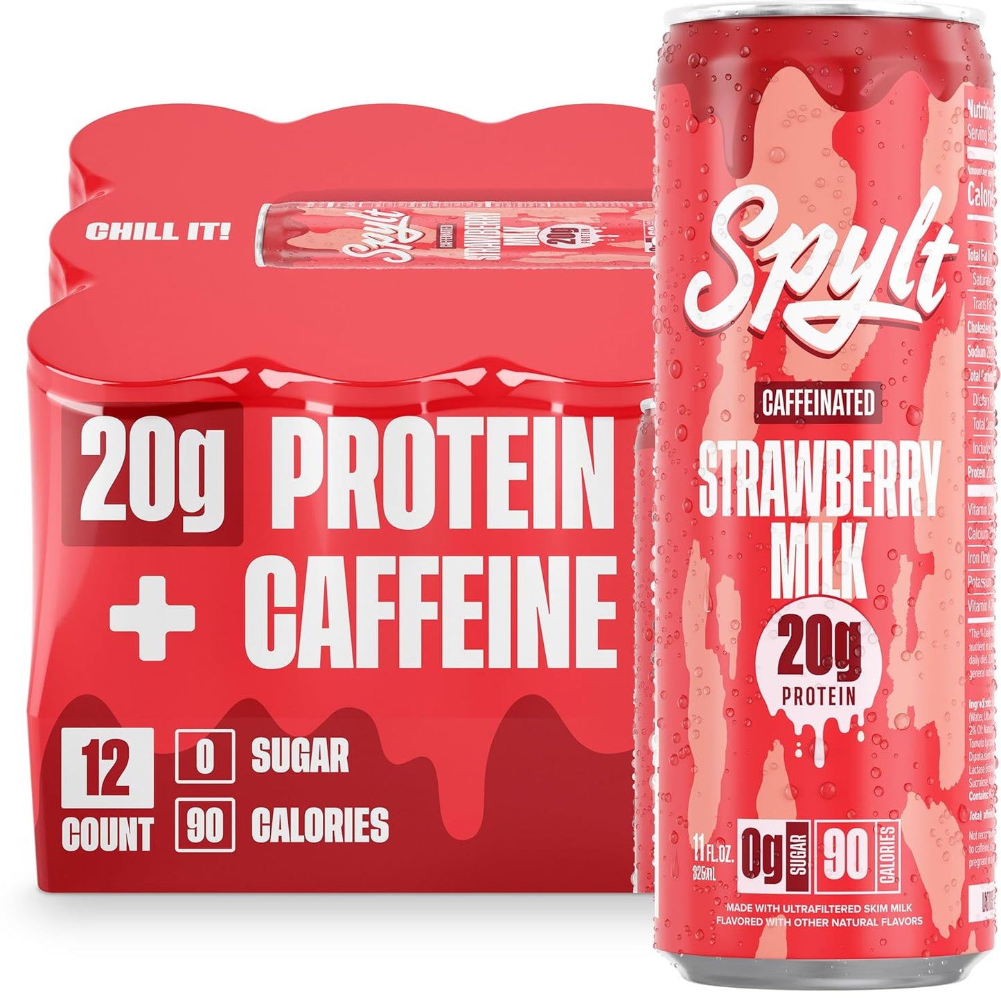 Spylt High Protein Strawberry Milk with 60mg Caffeine & 20g Protein - 90 Calories, Ready to Drink, Sugar Free, Lactose Free Milk, Perfect for Workout Recovery & Afternoon Pick Me Up - 12 Count