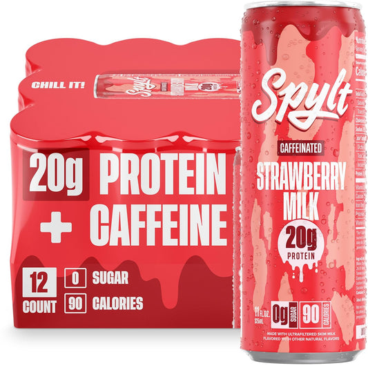 Spylt High Protein Strawberry Milk with 60mg Caffeine & 20g Protein - 90 Calories, Ready to Drink, Sugar Free, Lactose Free Milk, Perfect for Workout Recovery & Afternoon Pick Me Up - 12 Count