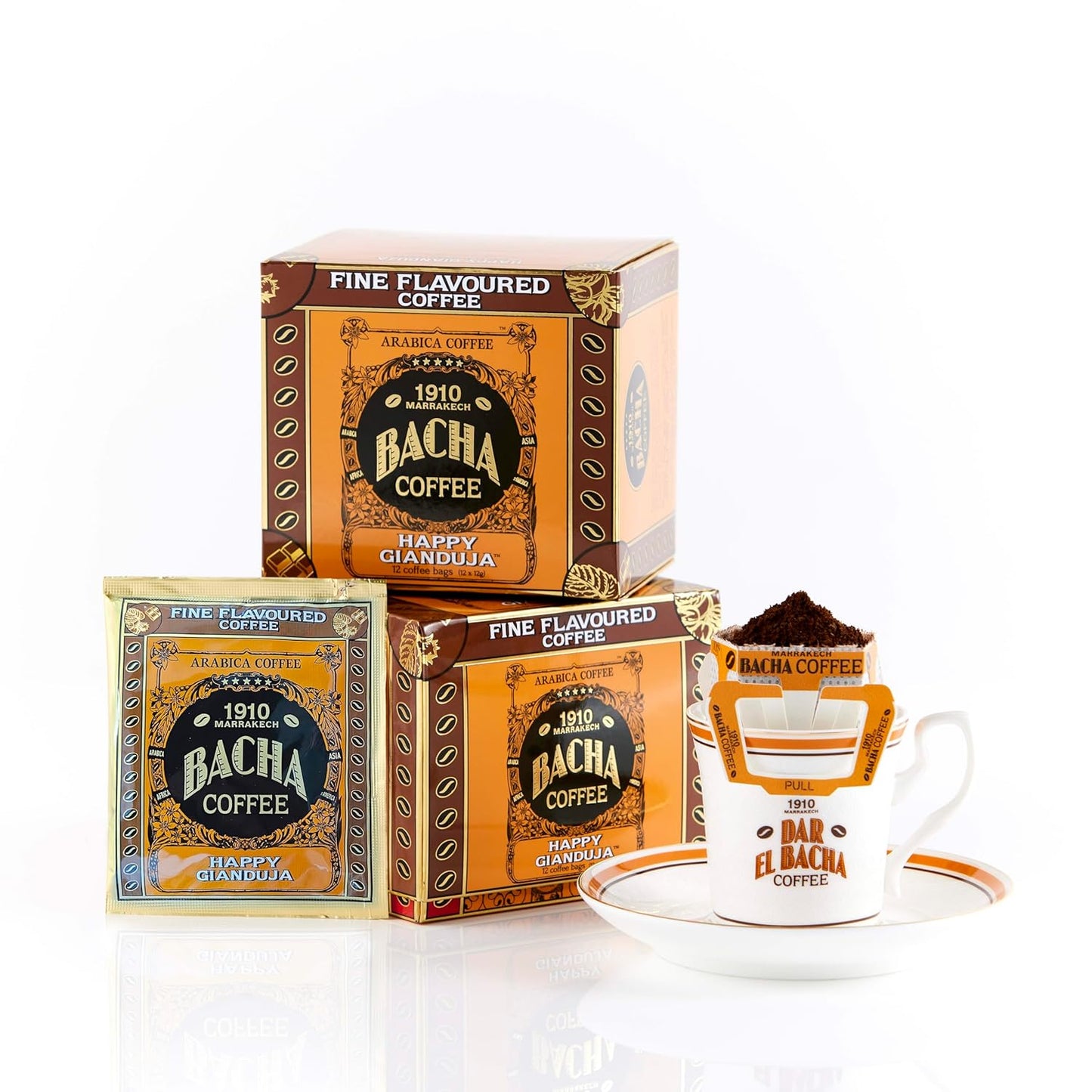 Bacha Coffee | Happy Gianduja Fine Flavoured, Medium Roast, 100% Arabica Specialty Coffee, 12 Coffee Drip Bags, Gift Box