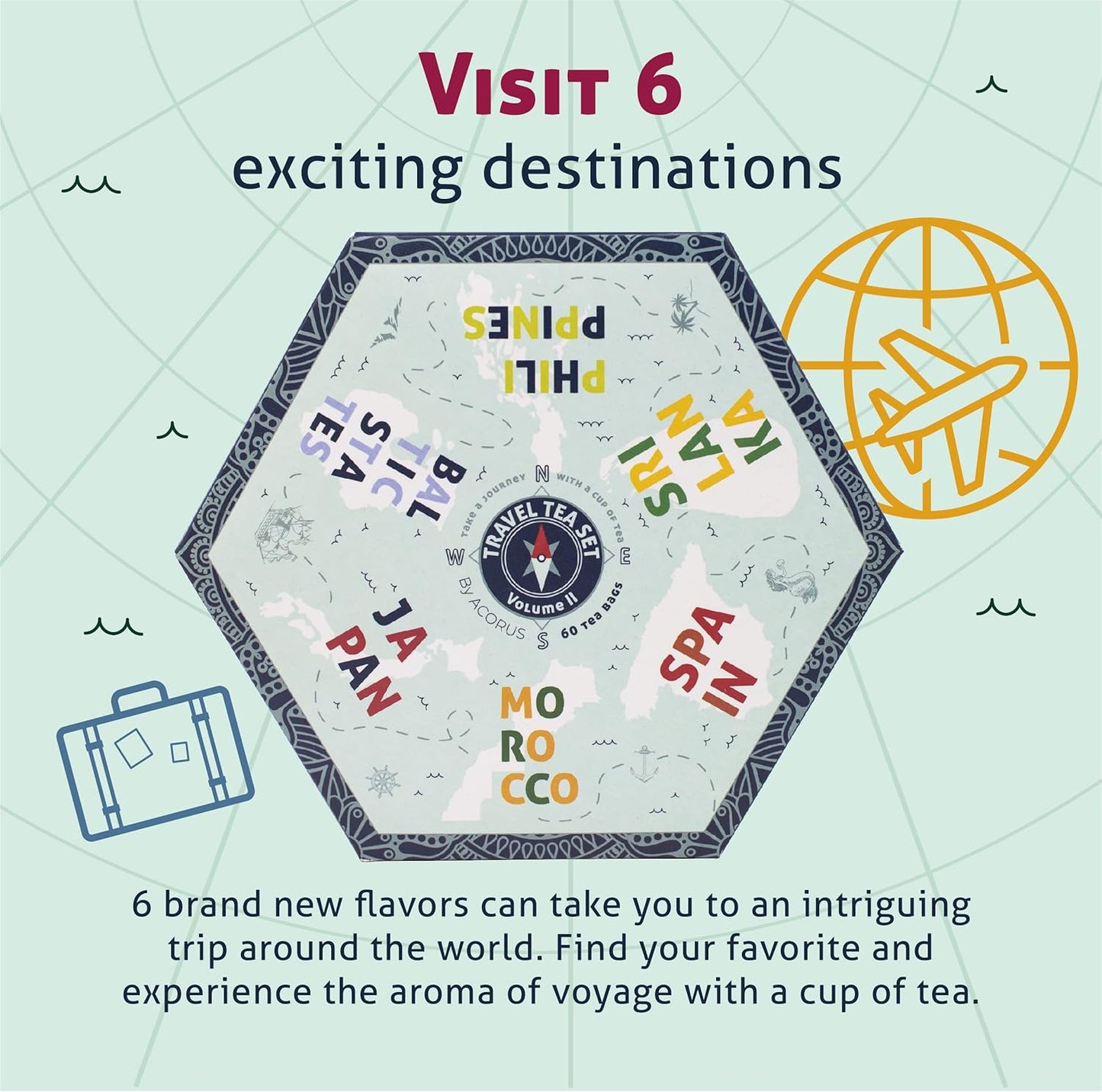 ACORUS | Travel Tea Set Vol. II | Tea Gift Set of 6 Flavors of Different Destination | Discover the World With a Cup of Tea | Assorted Tea Variety Pack | Large Tea Sampler Box | 60 Tea Bags