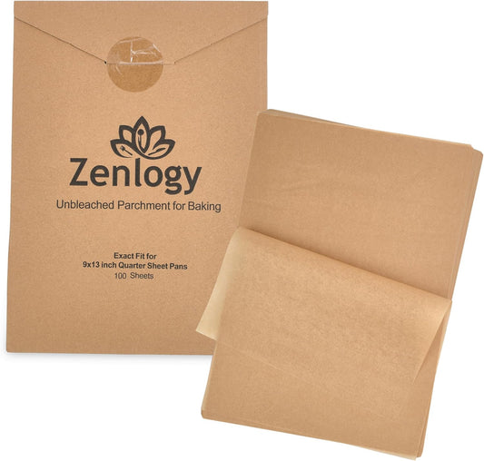 Zenlogy 9x13 Parchment Paper (100 sheets) - Unbleached, High Heat, Non-stick, Pre-cut Baking Paper for Quarter Sheet Pans - Great for Baking, Roasting, Wrapping, Dehydrator, and so much more
