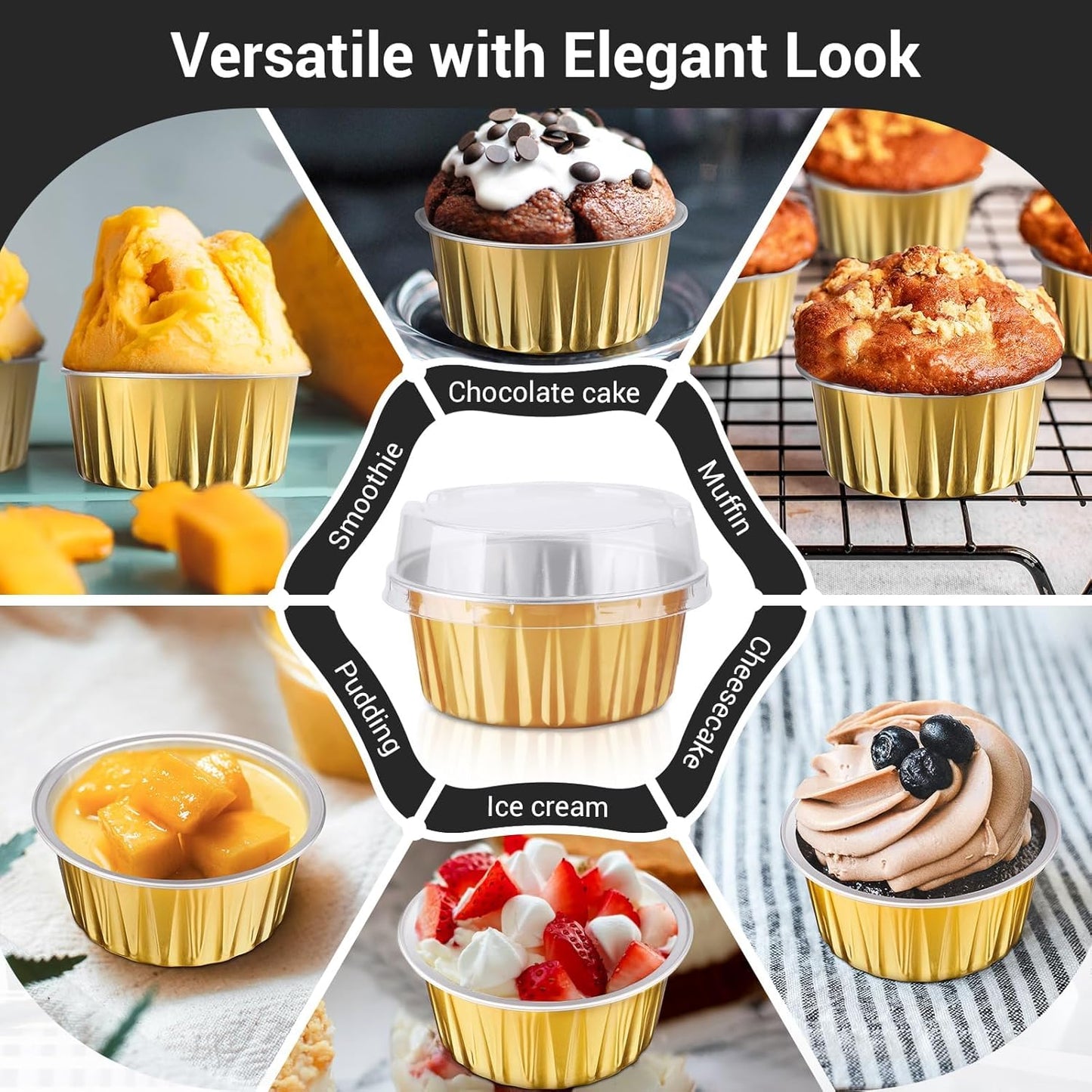 EUSOAR Gold Baking Cup, 400pcs 5oz Mini Foil Ramekins Cupcake Liners with Lids for Oven Baking, Disposable Aluminum Dessert Cheesecake Creme Brulee Cups Pan Containers