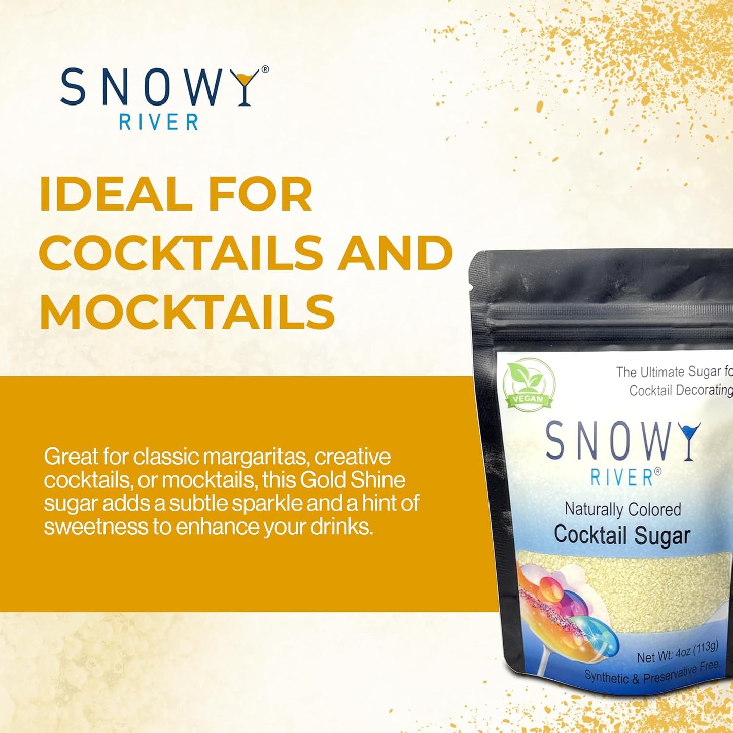 Snowy River Gold, Cocktail & Margarita Sugar Rimmer - Vibrant Color Glass Rimming Sugar with Medium Crystal Texture - 4oz