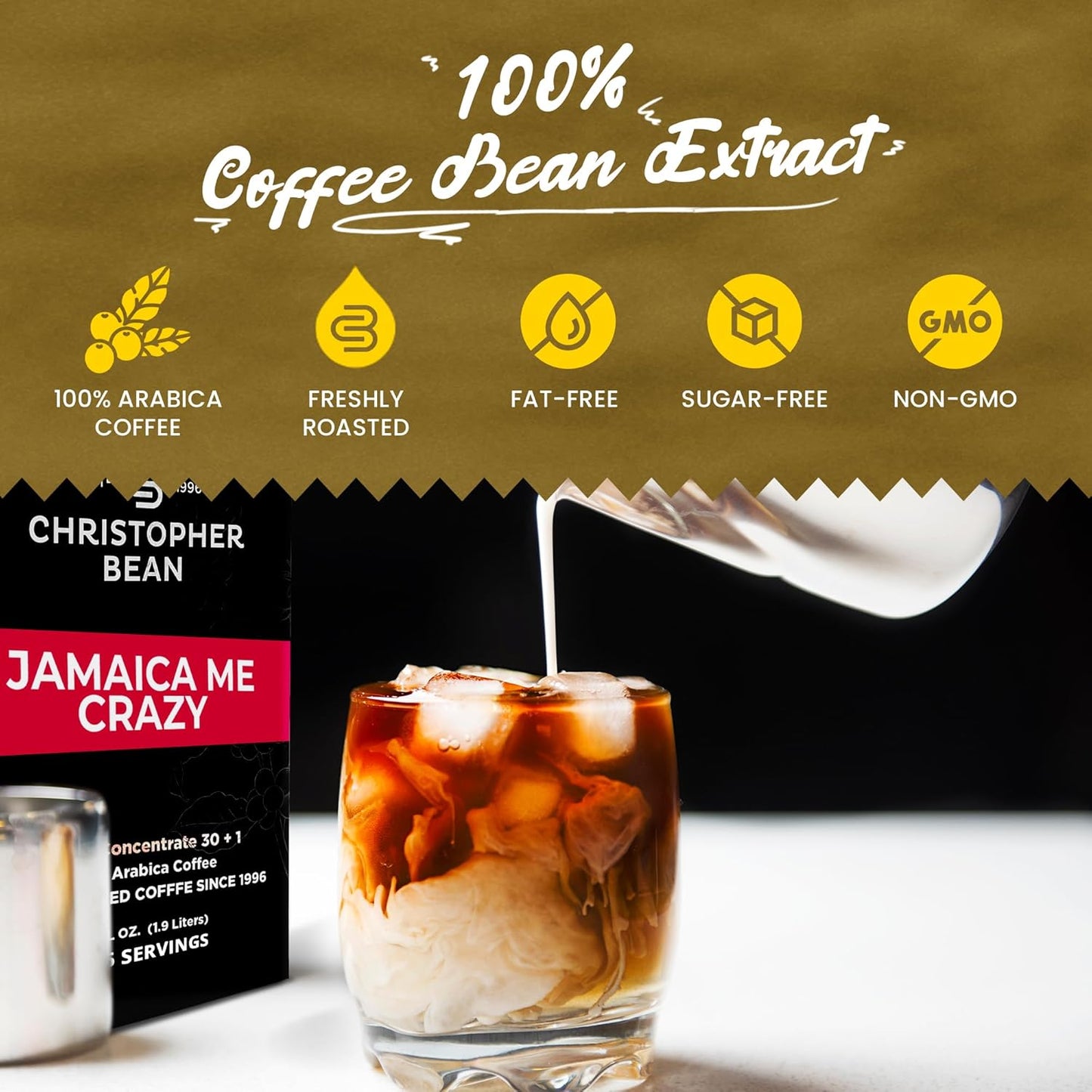 Christopher Bean Coffee - 396 servings, 30 to 1 Blend Bag in Box Liquid Instant Coffee or Cold Brew Coffee Concentrate - Hot or Iced Coffee - Jamaica Me Crazy