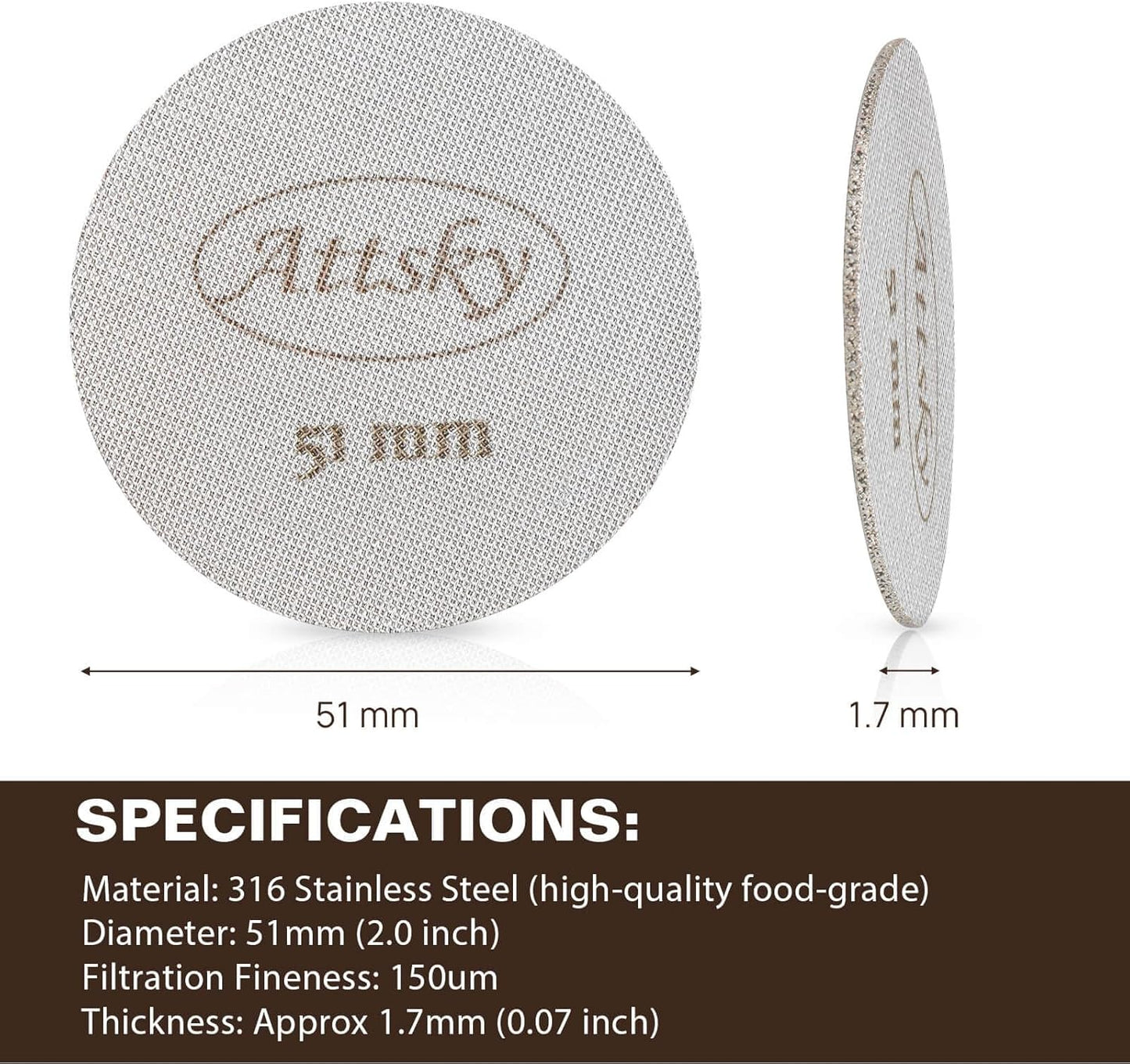 51mm Espresso Puck Screen, Espresso Filter for 51mm Portafilter Filter Basket, Reusable Espresso Screen with 1.7mm Thickness 150μm 316 Stainless Steel