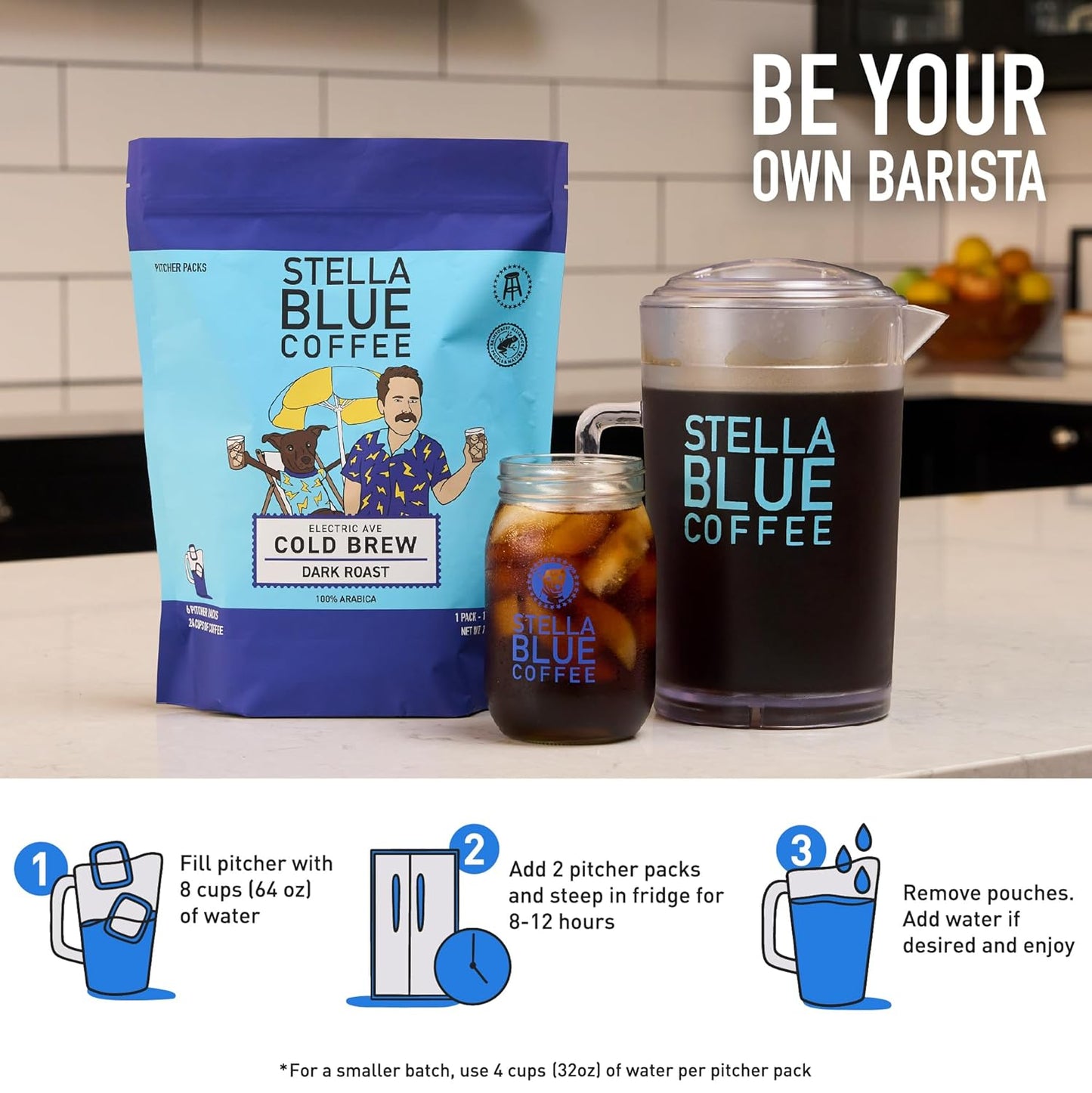 Stella Blue Cold Brew Coffee Bags, Electric Ave Blend, Dark Roast Ground Coffee, Smooth, Bold and Refreshing 100% Arabica, 6 Brew Packets, Makes 24 Cups, Rainforest Alliance Certified