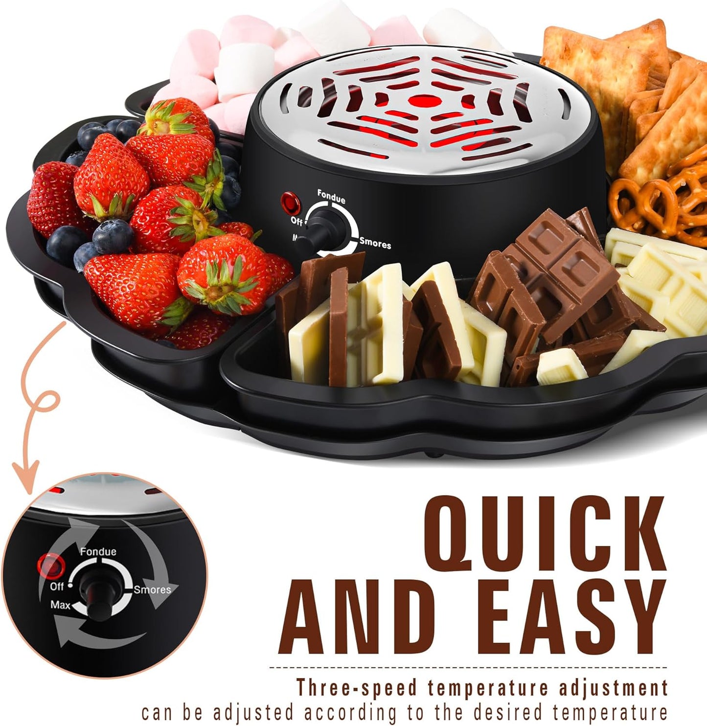 2 In 1 Smores Maker & Fondue Set, Tabletop Indoor Smores Kit, Marshmallow Roaster with Temp Control, 4 Detachable Trays & 4 Roasting Forks and 1 Heated Bowl, Movie Night Supplies & Housewarming Gifts