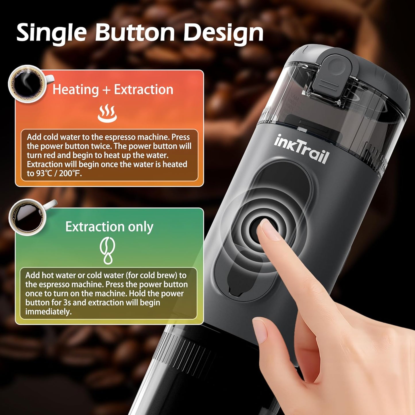 InkTrail Portable Electric Espresso Machine,Travel Coffee Maker for Camping, Self-Heating with Rechargeable Battery, Compatible with Ground Coffee & NS Original Capsule for Car, RV, Hiking, Office