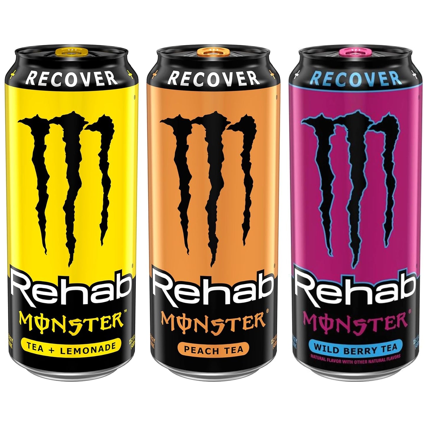 Monster Energy Rehab Tea + Lemonade, Peach, Wild Berry, Variety Pack, Energy Iced Tea,15.5 Ounce (Pack of 15)