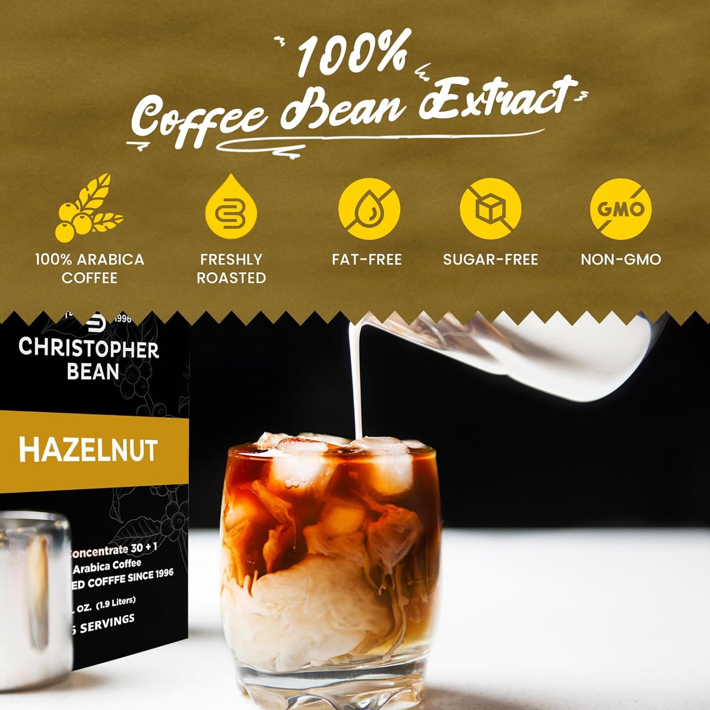 Christopher Bean Coffee - 396 servings, 30 to 1 Blend Bag in Box Liquid Instant Coffee or Cold Brew Coffee Concentrate - Hot or Iced Coffee - Hazelnut