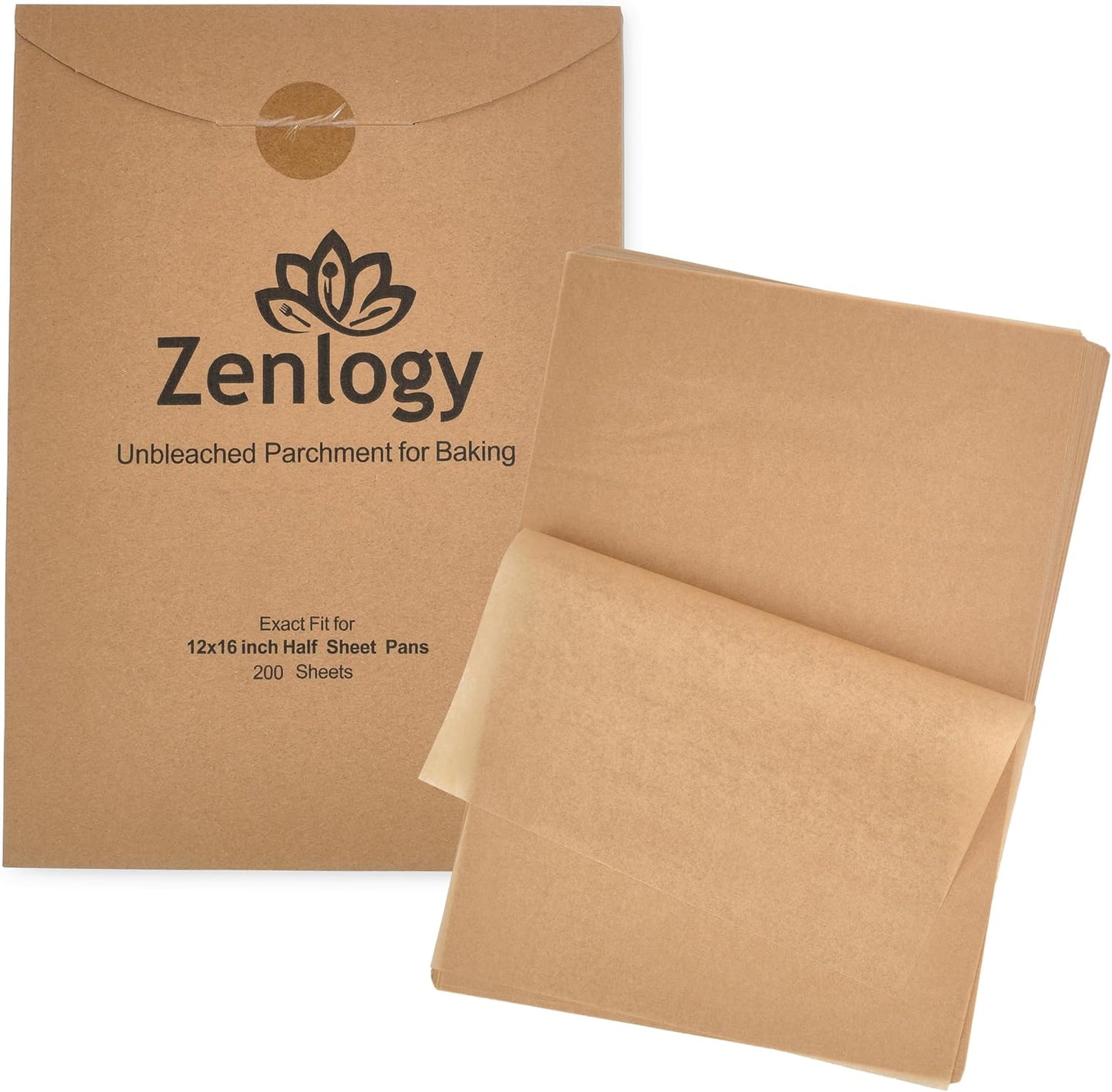 Zenlogy Parchment Paper Sheets 12x16 (200 sheets) for Baking - Unbleached Chlorine-free High Heat Non-Stick Pre-Cut Parchment Paper for Half Sheet Pans