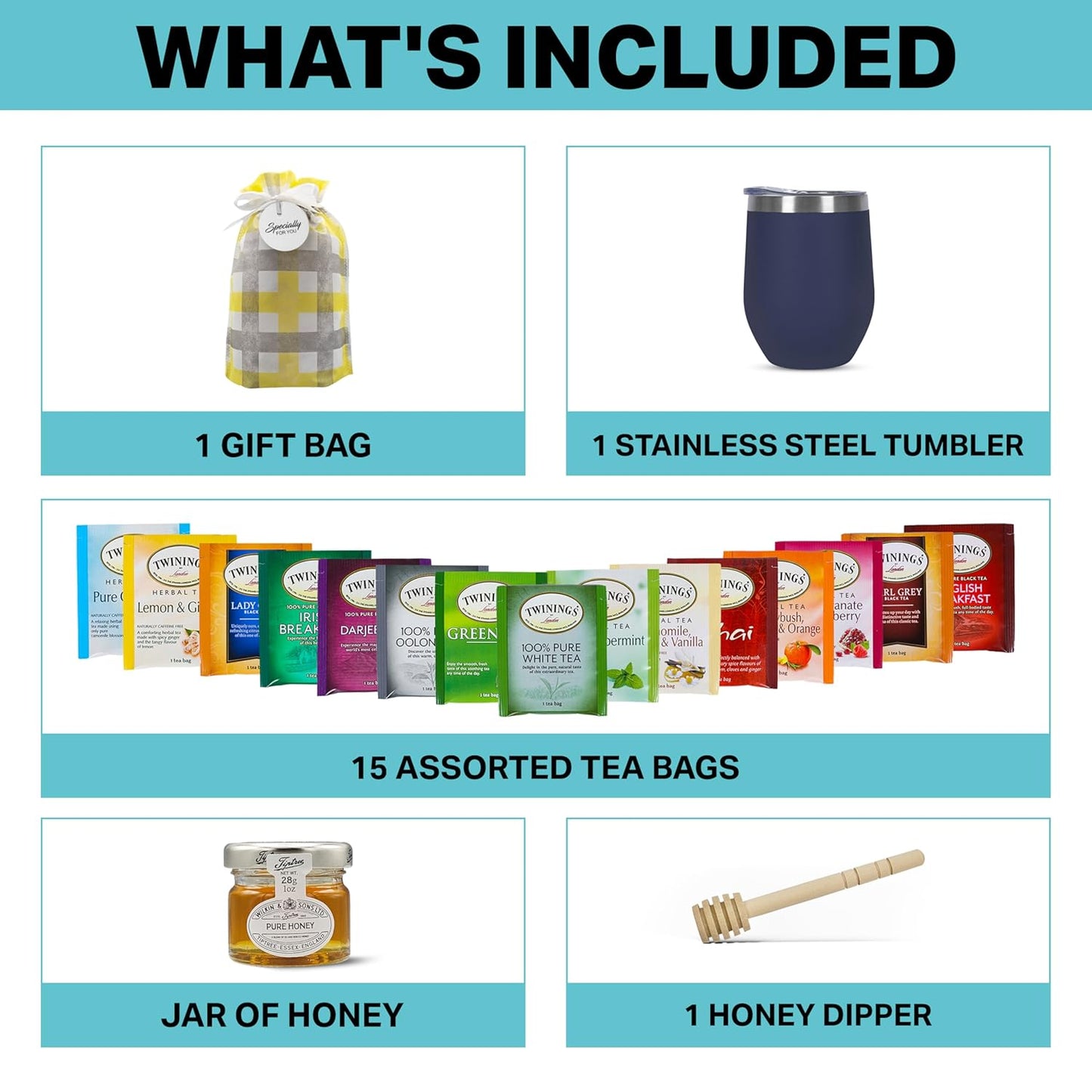 Tea Gift Set for Women & Men – Includes Assorted Teas, Elegant Mug & Honey (Blue)