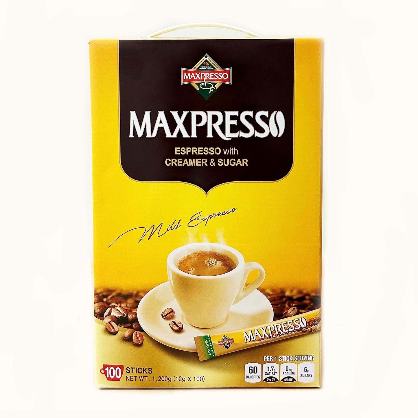 Maxpresso 3 in 1 Korean Instant Coffee Mix - Single Serve Sticks 100 Packets with Creamer and Sugar Premium Hot or Iced Coffee Blend Rich Flavor