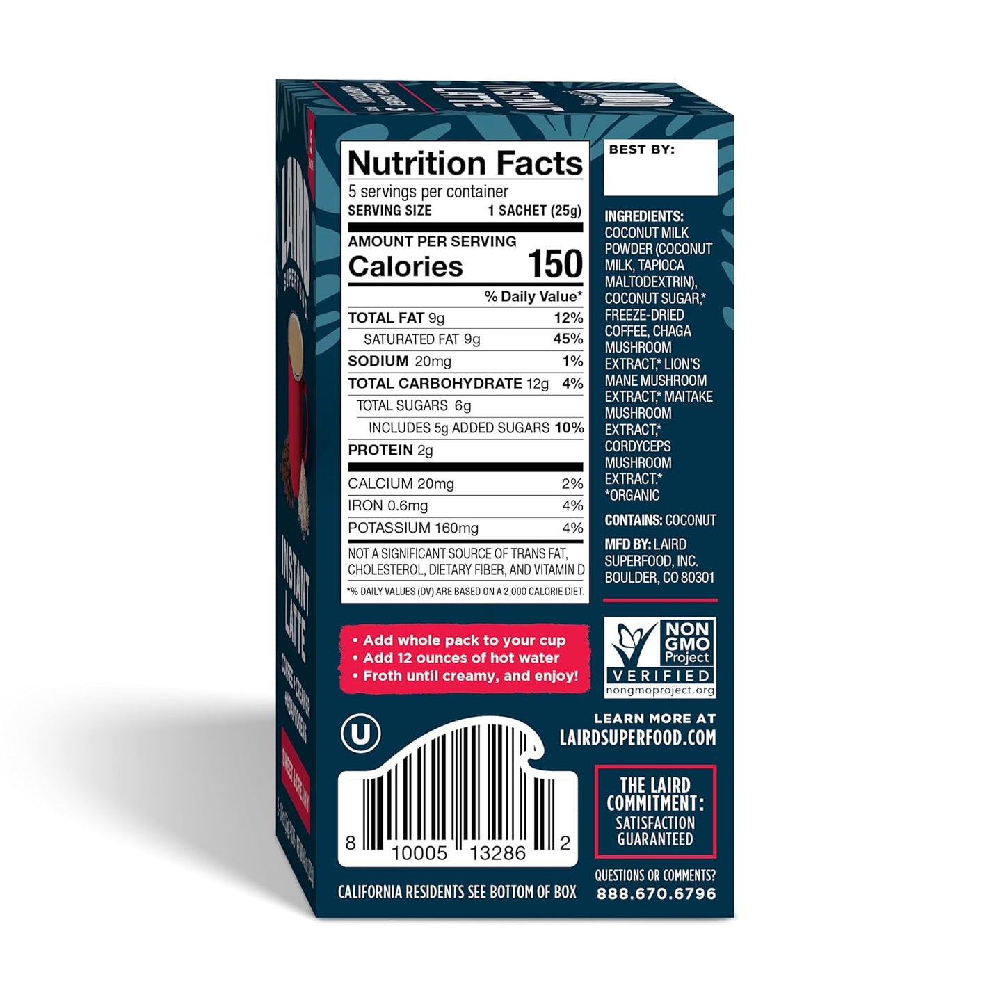 Laird Superfood Sweet and Creamy Instant Latte with Adaptogens, 5 pk Sachets