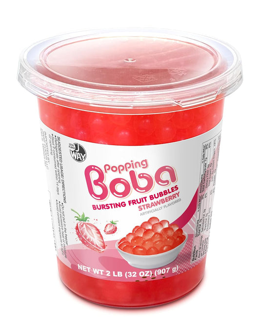 J WAY Bursting Popping Strawberry Boba Pearls, Strawberry Syrup, Non-Dairy, Fat-Free Popping Tapioca Boba for Beverages, Sweets, Ice Cream (2LB, 1 Pack)