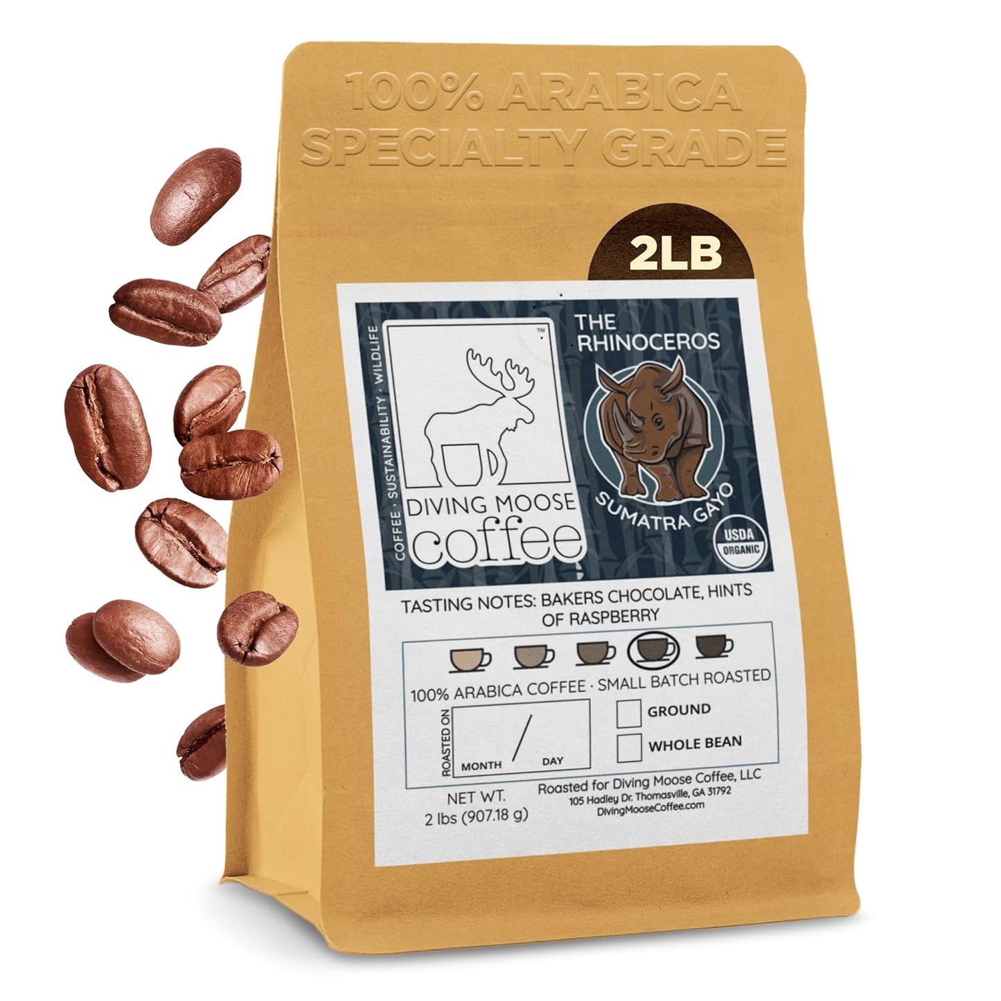 Diving Moose Coffee - The Rhinoceros Sumatra Gayo USDA Organic Medium Dark Roast (32oz / 2 LB) - Bakers Chocolate Raspberry Specialty Grade Small-Batch Roasted to Order Smooth Not Bitter