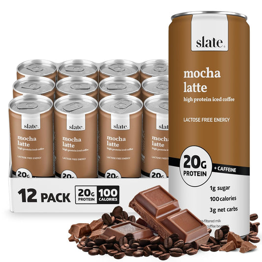 Slate Milk - High Protein Iced Coffee - Mocha Latte - 175mg Caffeine, Lactose Free Energy - 20g Protein, 1g Sugar, 110 Calories, 3g Net Carbs, No Sugar Added - Protein Coffee - 11 fl oz, 12 Cans