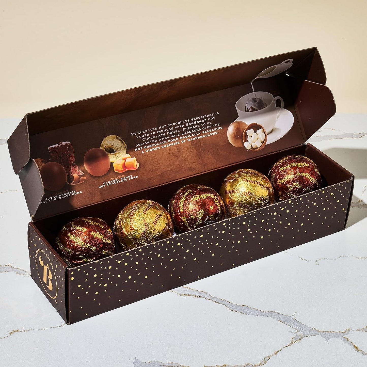 BomBombs, Hot Chocolate Bombs, Includes Fudge Brownie and Caramel Candy Cocoa Bombs Filled with Marshmallows, Pack of 5