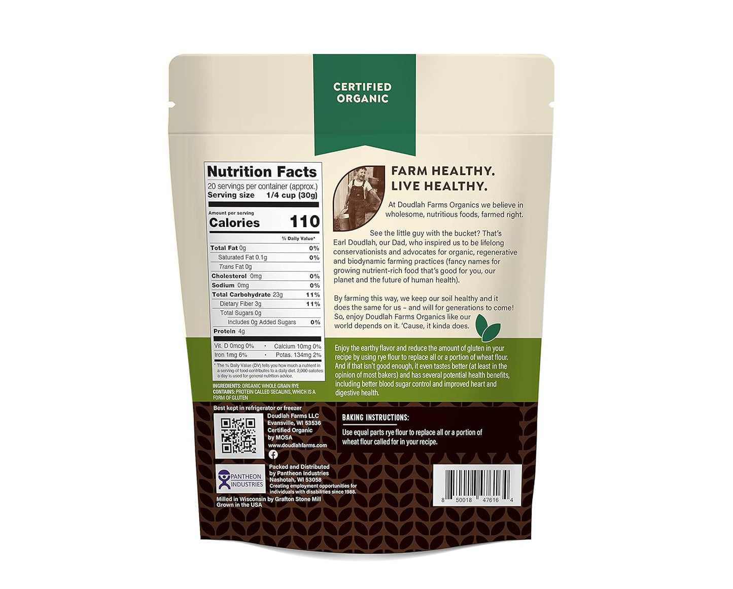 Organic Rye Flour 1.5 lb - Non-GMO, USDA Organic, Low Gluten, Vegan, For Baking, Cooking, Supports Heart Health & Digestion, USA Grown, Farmed From Regenerative Soil by Doudlah Farms