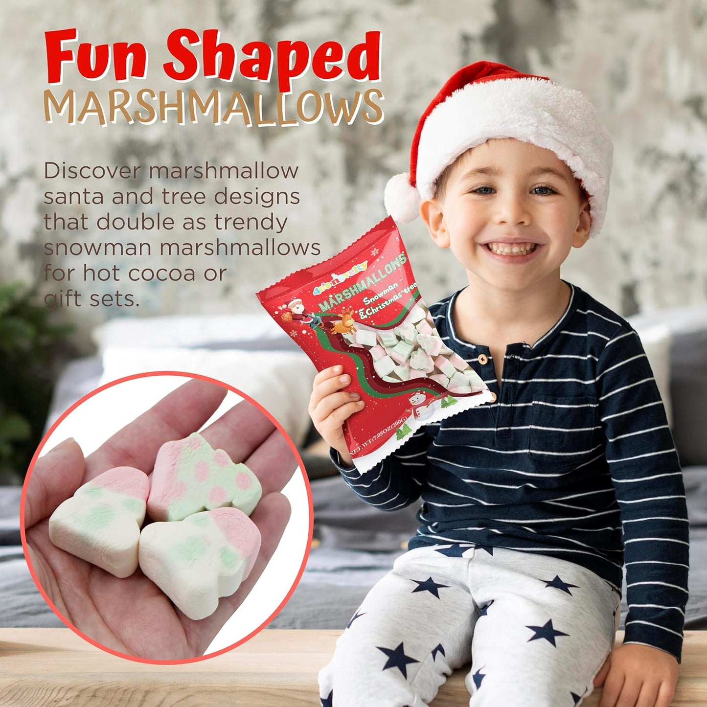 4E's Novelty Sweet Christmas Marshmallow Soft Candy Treats 65pcs (200gram) Bulk Snowman & Santas Shapes, Christmas Candy Stocking Stuffers Snacks, Party Favor for Kids & Adults