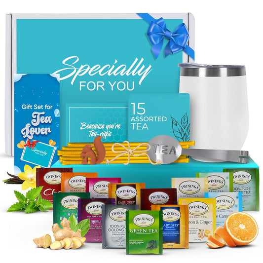 Tea Gifts for Women – Sampler Gift Basket with 15 Unique Blends, Honey Sticks, Stainless Tumbler & Gift-Ready Box (White)