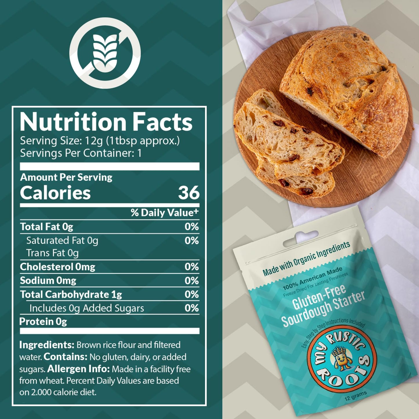 MY RUSTIC ROOTS Gluten Free Sourdough Starter Culture – All Natural & Organic Sourdough Bread Starter - Beginner Friendly - Perfect for Baking Delicious Homemade Artisan Bread, Pizza & More - 12g