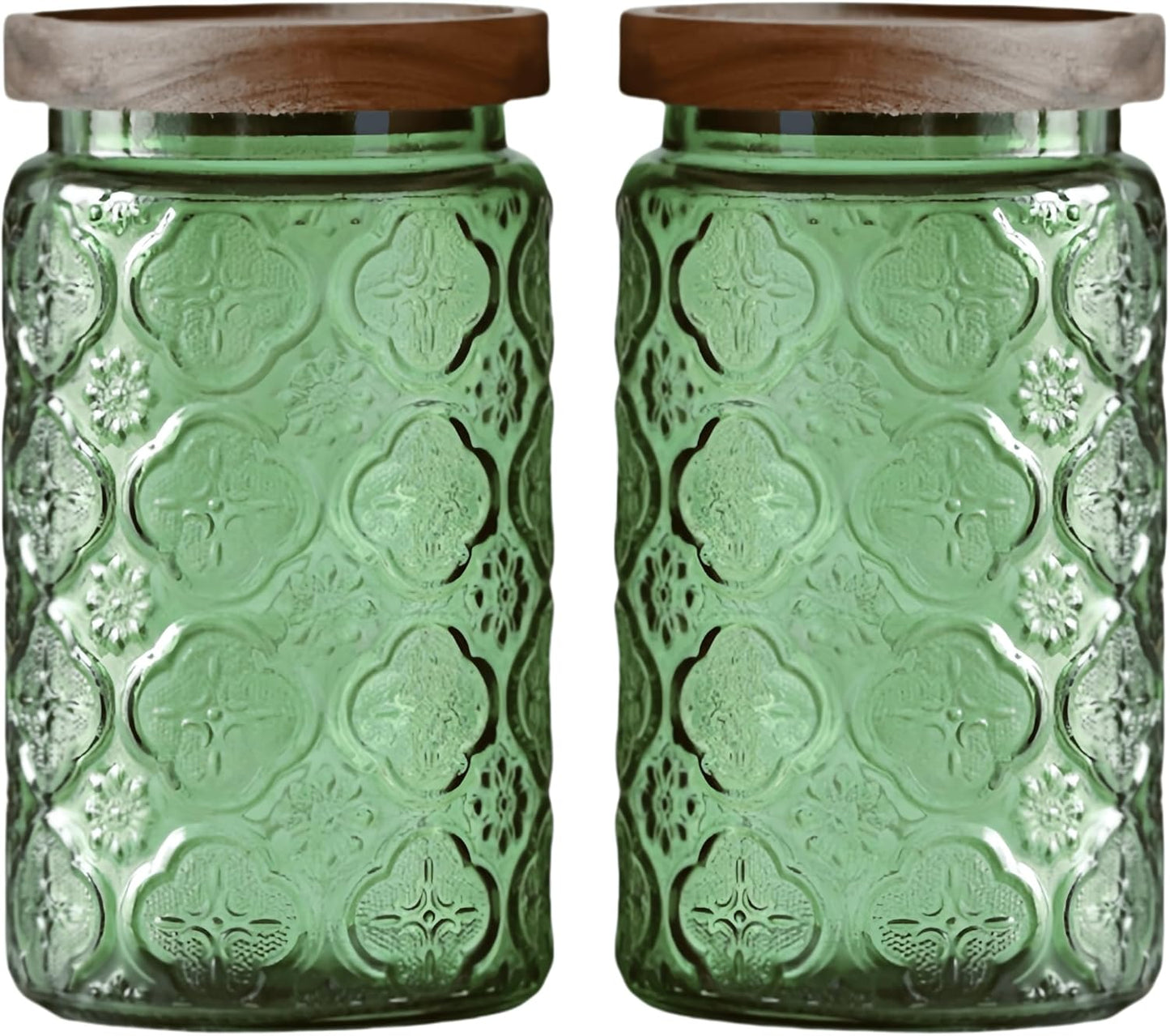 ANSQU Set of 2 Vintage Glass Storage Containers, Green Glass Jars with Wooden Lids, 34 FL OZ Decorative Jars for Kitchen Storage Cabinets for Coffee, Jam, Candy, Cookie (Green Begonia)