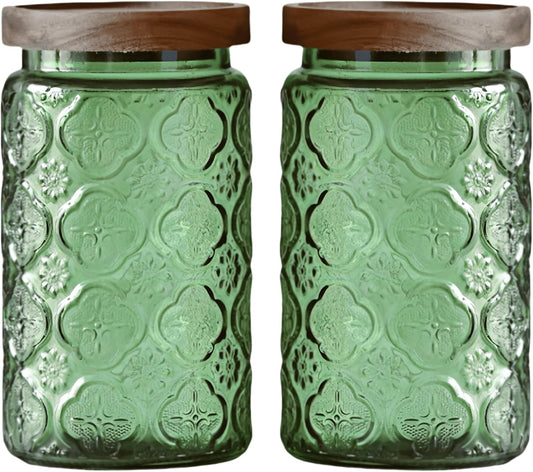 ANSQU Set of 2 Vintage Glass Storage Containers, Green Glass Jars with Wooden Lids, 34 FL OZ Decorative Jars for Kitchen Storage Cabinets for Coffee, Jam, Candy, Cookie (Green Begonia)