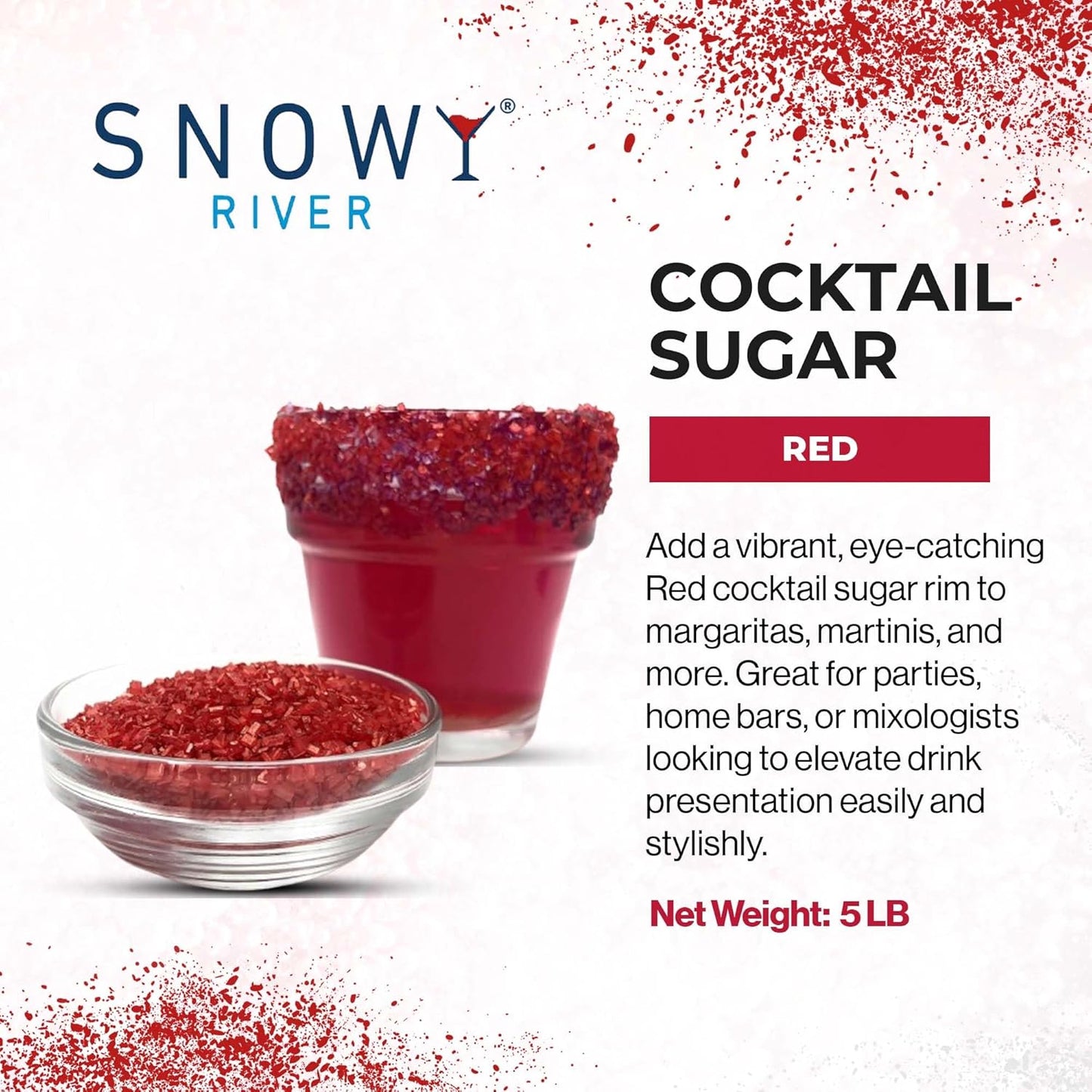Snowy River Red, Cocktail & Margarita Sugar Rimmer - Vibrant Color Glass Rimming Sugar with Medium Crystal Texture - 80oz