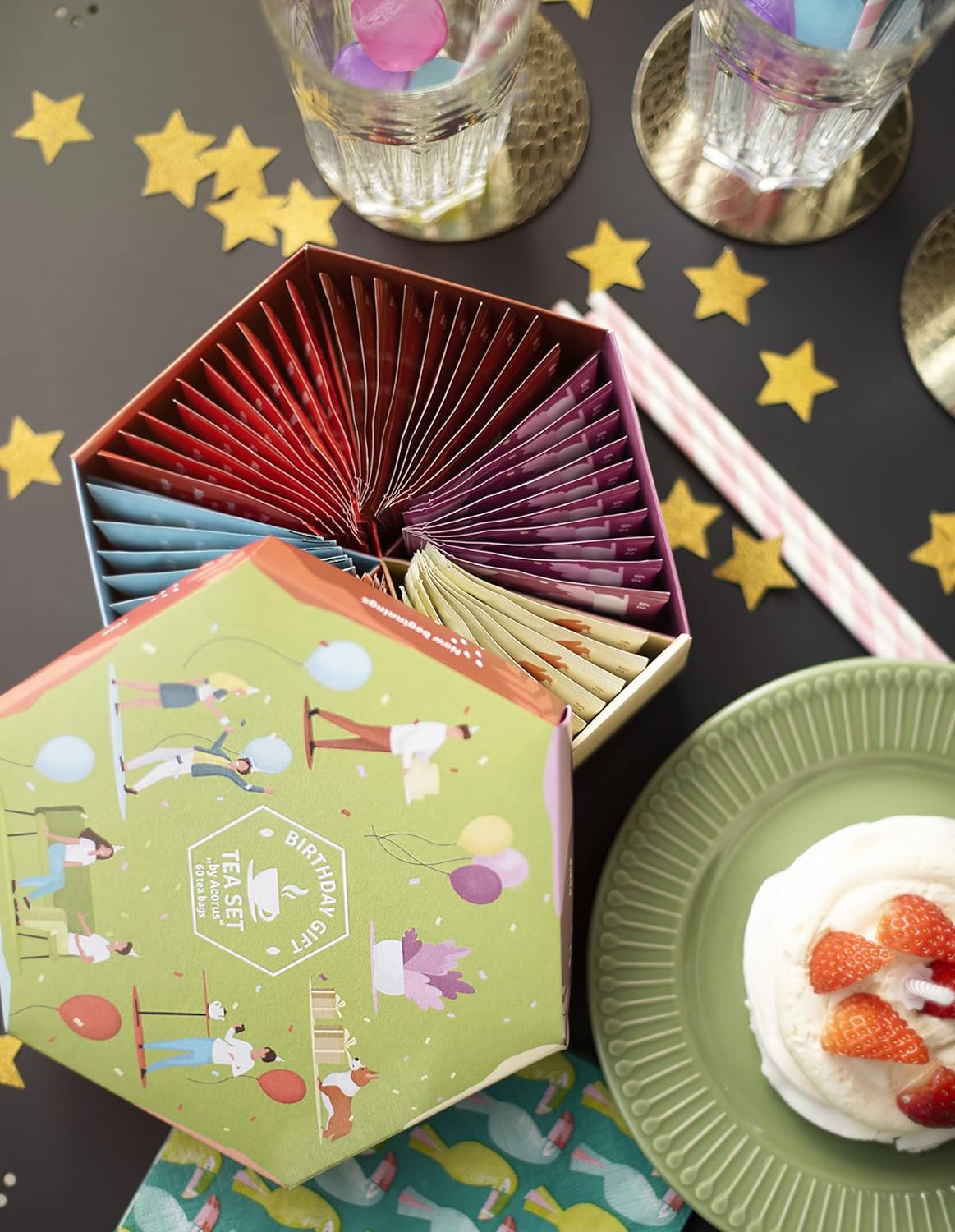 ACORUS | Birthday Gift Tea Set | Natural Tea Hamper Box Gift Set of 6 Flavors | Thoughtful Present for Birthday | Large Selection Box | Tea Gift Sets | 60 Herbal and Fruit Tea Bags Variety Pack