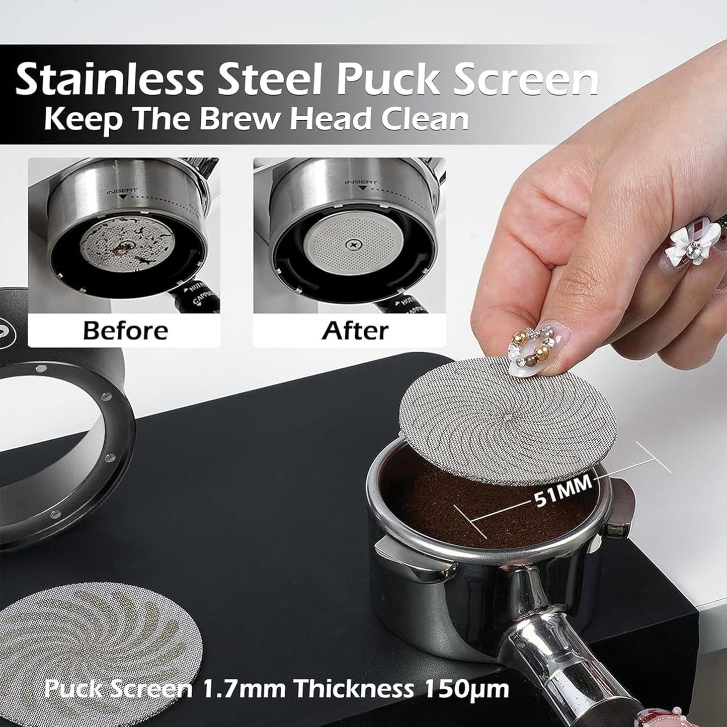 PUSEE 58mm Magnetic Dosing Funnel & Puck Screen Set 8 Magnetic Espresso Coffee Dosing Ring Reusable 1.7mm Puck Screen Stainless Steel Fits All 58mm Portafilters Espresso Tools Espresso Accessories