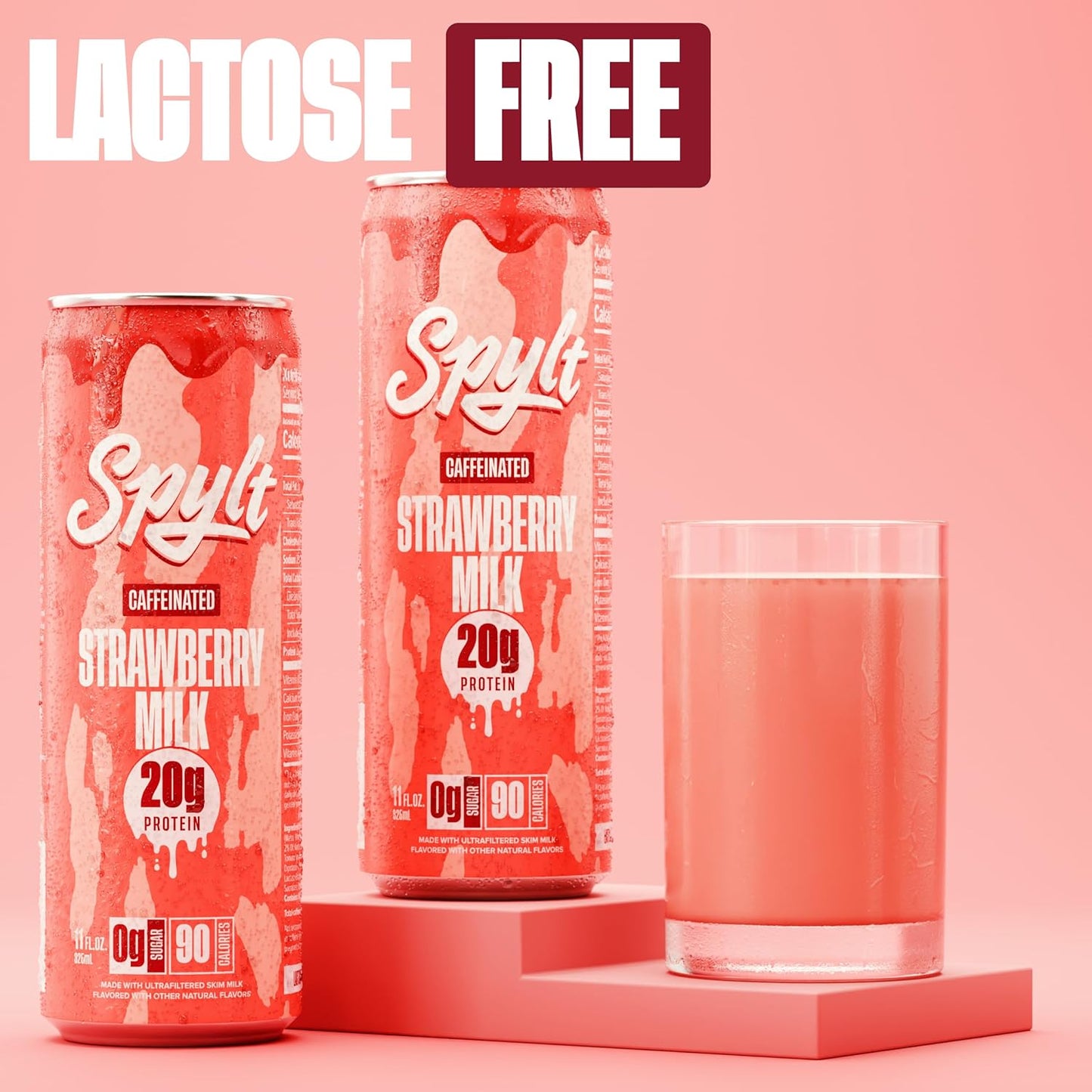 Spylt High Protein Strawberry Milk with 60mg Caffeine & 20g Protein - 90 Calories, Ready to Drink, Sugar Free, Lactose Free Milk, Perfect for Workout Recovery & Afternoon Pick Me Up - 12 Count