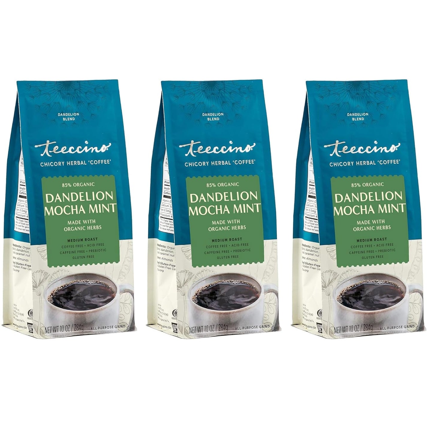 Teeccino Dandelion Mocha Mint Herbal Coffee - Caffeine-Free Coffee Alternative with Prebiotics, Gluten Free, Acid Free - Medium Roast, 10 oz, Pack of 3