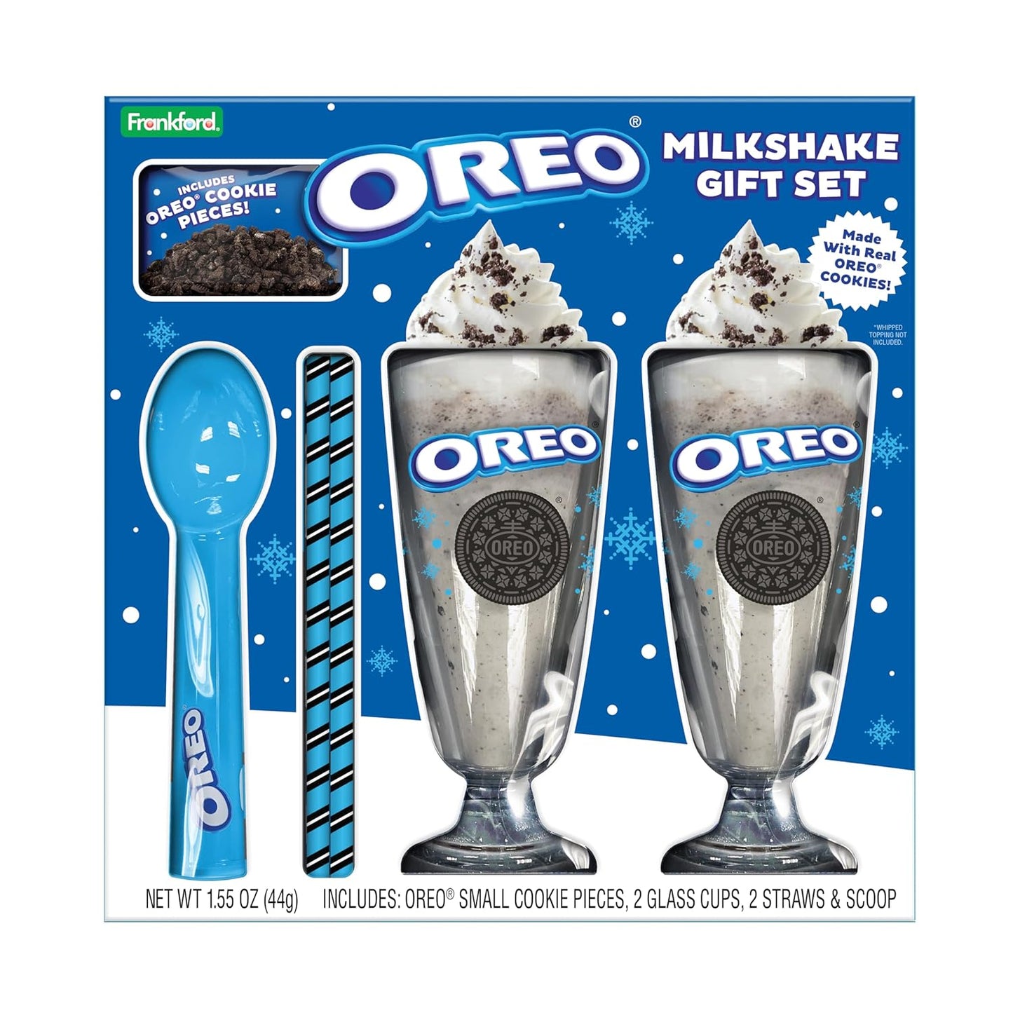Oreo Milkshake Gift Set, Includes Oreo® Cookie Pieces, 2 Glass Cups, 2 Straws & Ice Cream Scoop, Dessert Kit & Gift Idea, by Frankford Candy