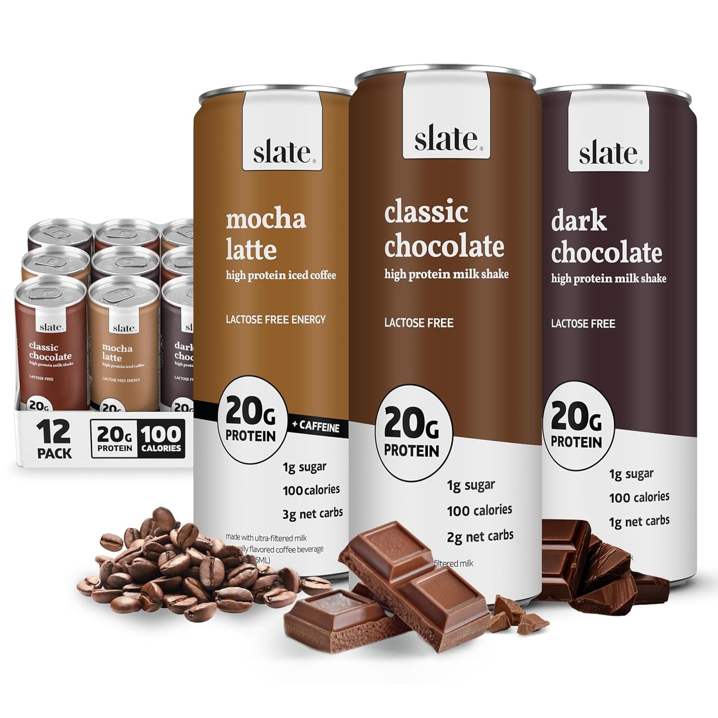 Slate Milk - High Protein Milk Shake - Chocolate Variety Pack - Chocolate, Dark Chocolate, Mocha Latte - Lactose Free, 20g Protein, 1g Sugar, 100-110 Calories, 1-3g Net Carbs - 11 fl oz, 12 Cans
