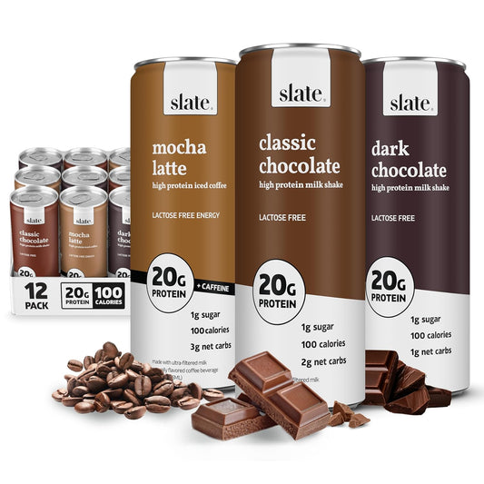 Slate Milk - High Protein Milk Shake - Chocolate Variety Pack - Chocolate, Dark Chocolate, Mocha Latte - Lactose Free, 20g Protein, 1g Sugar, 100-110 Calories, 1-3g Net Carbs - 11 fl oz, 12 Cans