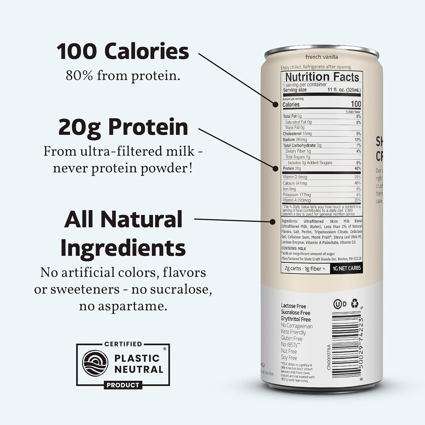 Slate Milk - High Protein Milk Shake - French Vanilla - Lactose Free, 20g Protein, 1g Sugar, 100 Calories, 1g Net Carbs, No Added Sugar - Natural, Breakfast Boost, Post Workout - 11 fl oz, 24 Cans
