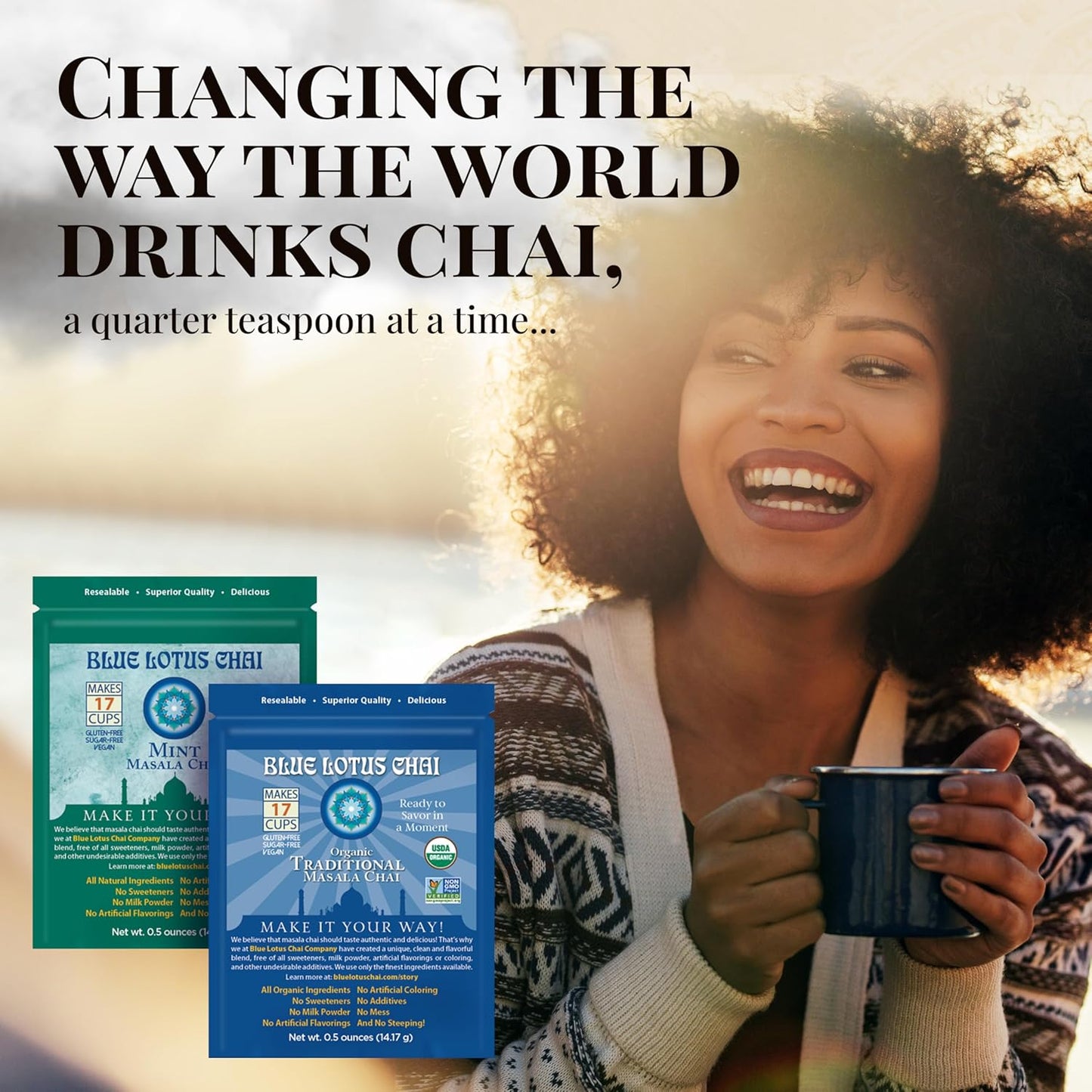 Blue Lotus Chai Tea - Fully Organic Traditional Masala Chai - Makes 17 Cups - 0.5 Ounce Masala Spiced Chai Powder with Organic Spices - Instant Indian Tea No Steeping - No Gluten