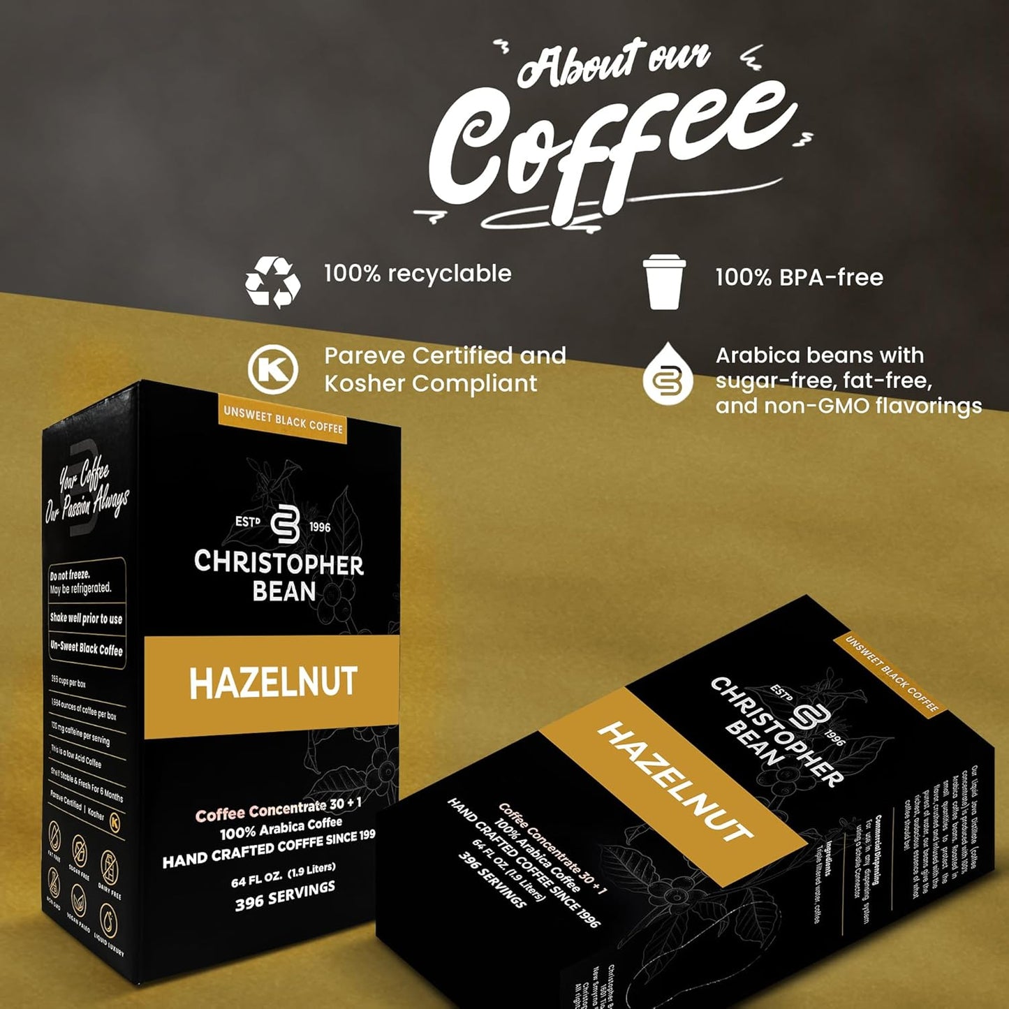 Christopher Bean Coffee - 396 servings, 30 to 1 Blend Bag in Box Liquid Instant Coffee or Cold Brew Coffee Concentrate - Hot or Iced Coffee - Hazelnut