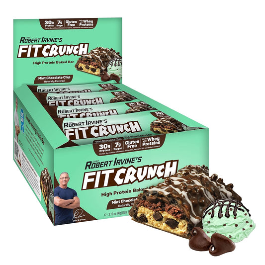 FITCRUNCH Full Size Protein Bars, 6-Layer Baked Bar, 7g of Sugar, Gluten Free & Soft Cake Core (12 Bars, Mint Chocolate Chip)