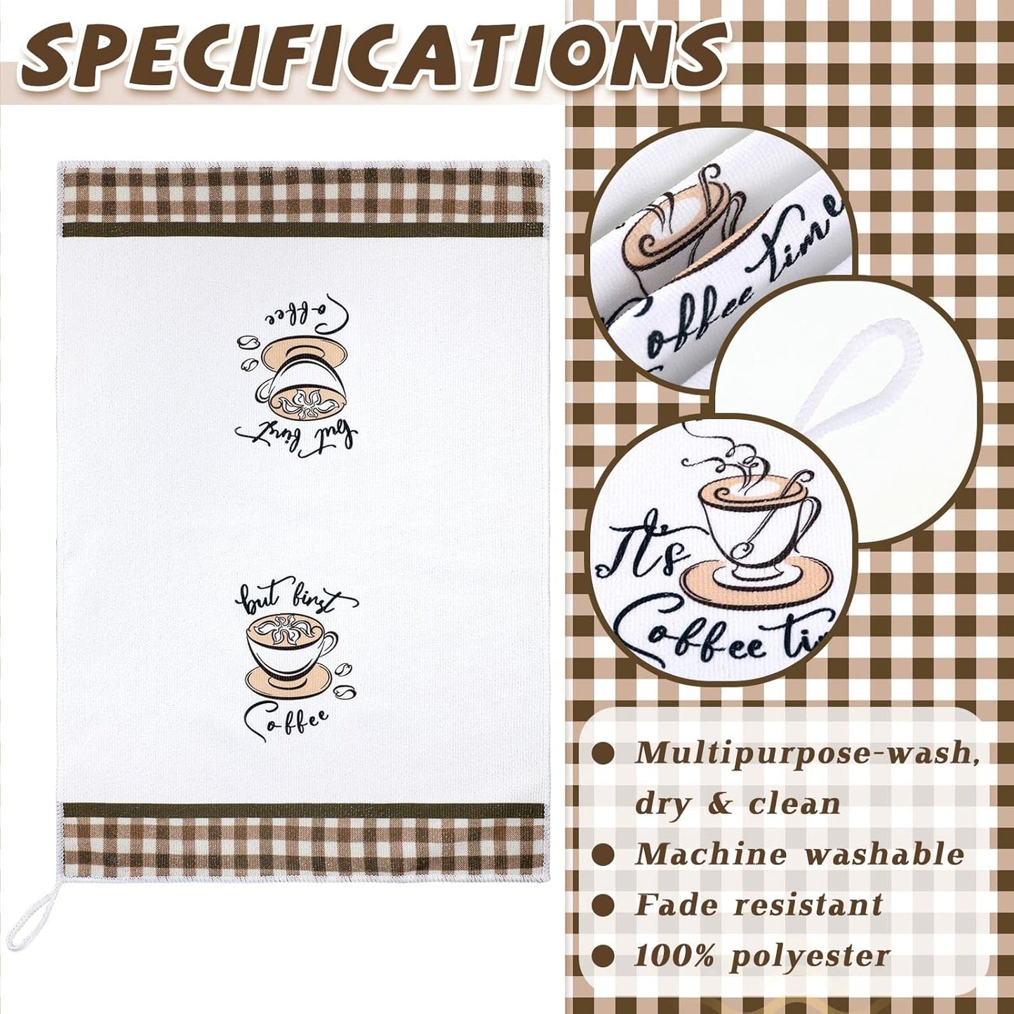 Ferraycle 4 Pieces Kitchen Dish Cloths Coffee Kitchen Hand Towels Absorbent Tea Towels 24 x 16 Inches, Coffee Lover Gift Bar Decorative Dish Cloths Rags, for Farmhouse (Mainly White,Cup Pattern)