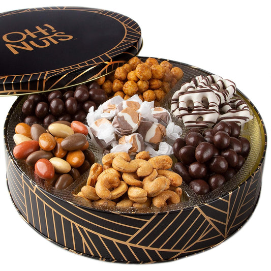Oh! Nuts Chocolate Covered Pretzels and Nuts Gift Basket - 7 Section Gourmet Assorted Chocolates Gifts Baskets - Healthy Chocolate Round Metal Tin Box for Birthday, Holiday, Corporate, Family, Men & Women
