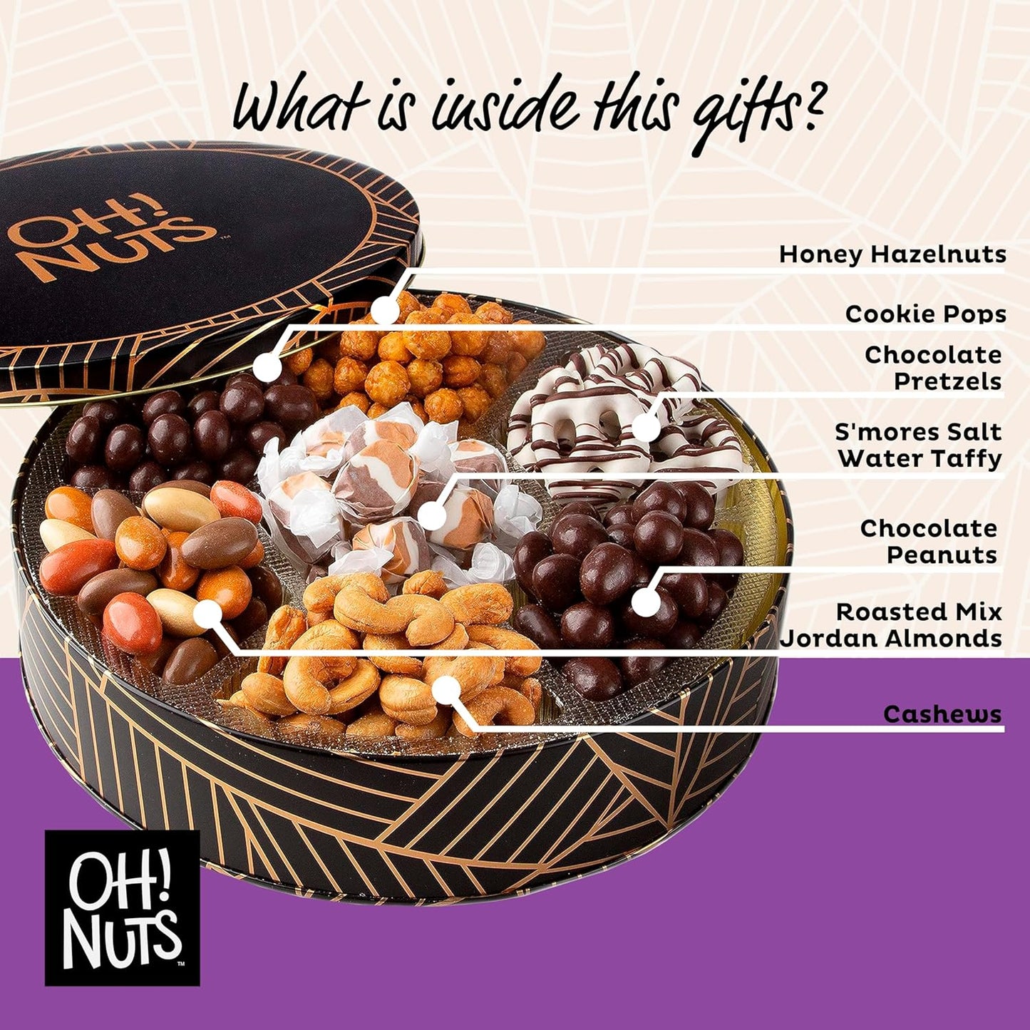Oh! Nuts Chocolate Covered Pretzels and Nuts Gift Basket - 7 Section Gourmet Assorted Chocolates Gifts Baskets - Healthy Chocolate Round Metal Tin Box for Birthday, Holiday, Corporate, Family, Men & Women