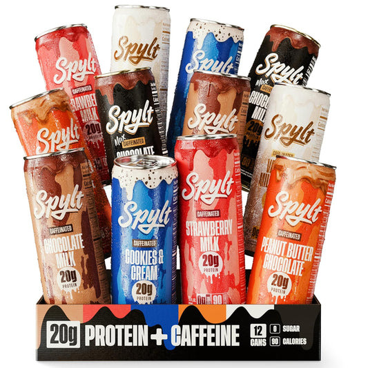 Spylt High Protein Milk - 6 Flavor Variety Pack with 60mg Caffeine & 20g Protein - 90 Calories, Ready to Drink, Sugar Free, Lactose Free Milk, Perfect for Workout Recovery & Afternoon Pick Me Up - 12 Count